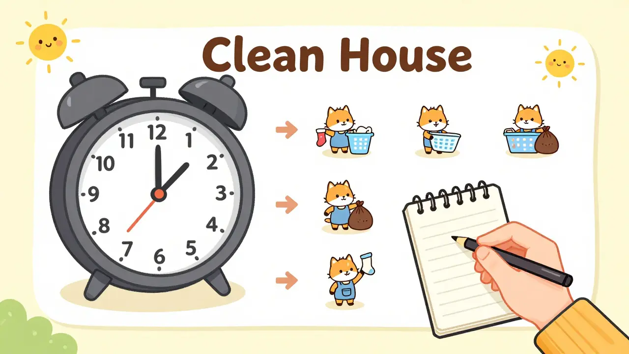 A person breaking down a big chore into small steps guided by friendly animals and a big alarm clock.