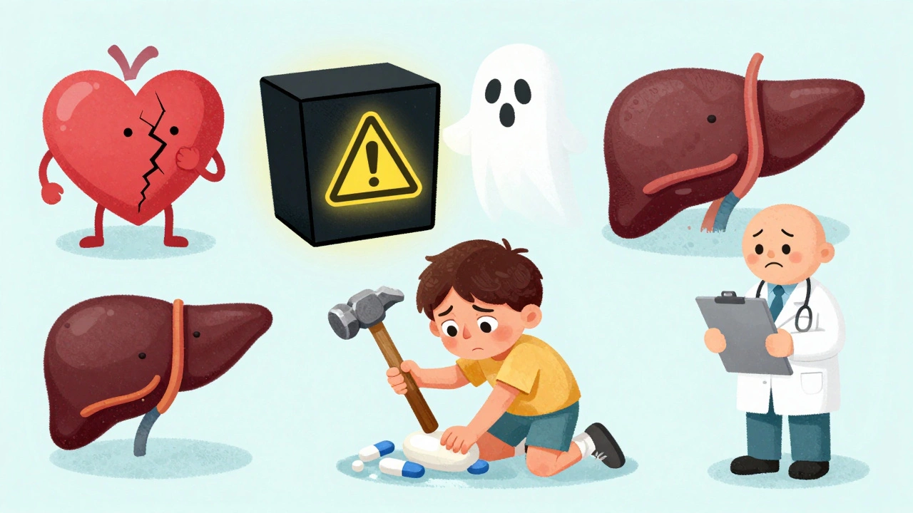 A person crushing a pill while a black warning box glows above, showing health dangers in surreal form.