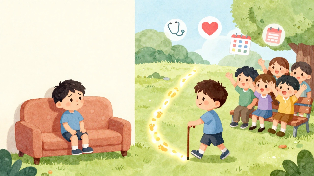 A person moving from loneliness on a couch to joy outside with friends, guided by small steps and health icons.