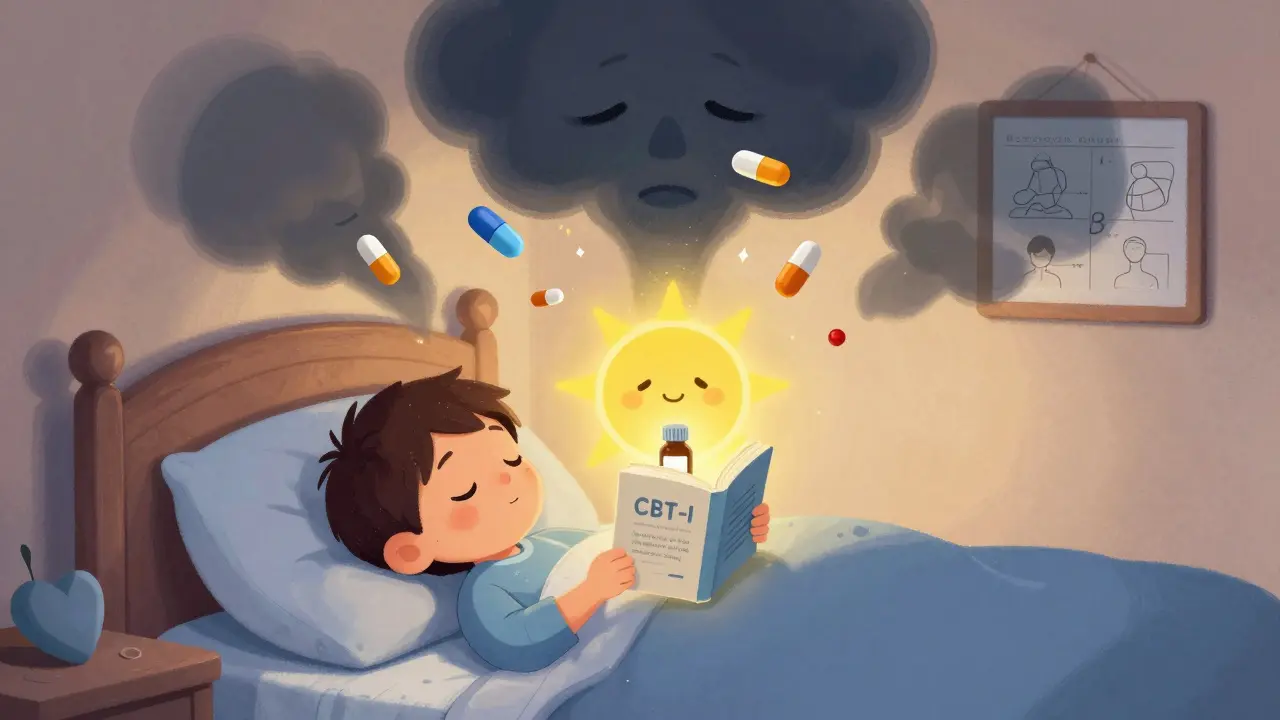 A person sleeps peacefully as harmful sleep meds fade away, replaced by a glowing melatonin bottle and CBT-I book.