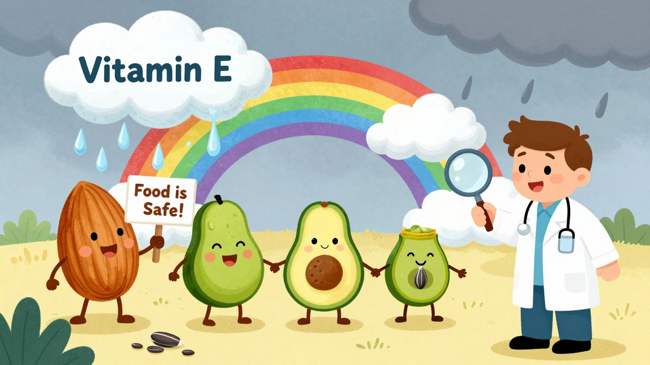 A platelet party disrupted by slippery rain from a vitamin E cloud, with healthy foods under a rainbow.