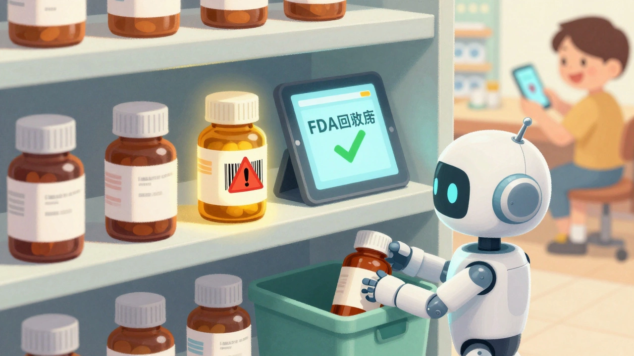 A robot scans a medicine bottle as a tablet confirms it&#039;s safe, while faded labels go into a disposal bin.