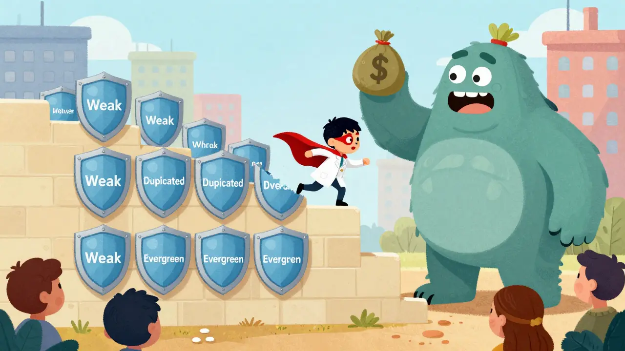 A small generic medicine hero tries to jump over a wall of overlapping patent shields while a money-bag monster blocks the way.