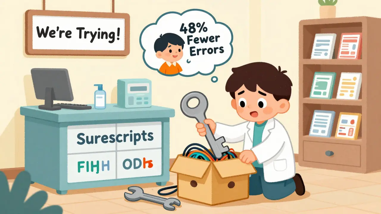 A small pharmacy pharmacist unlocking a puzzle box of health data with a big key labeled Surescripts.