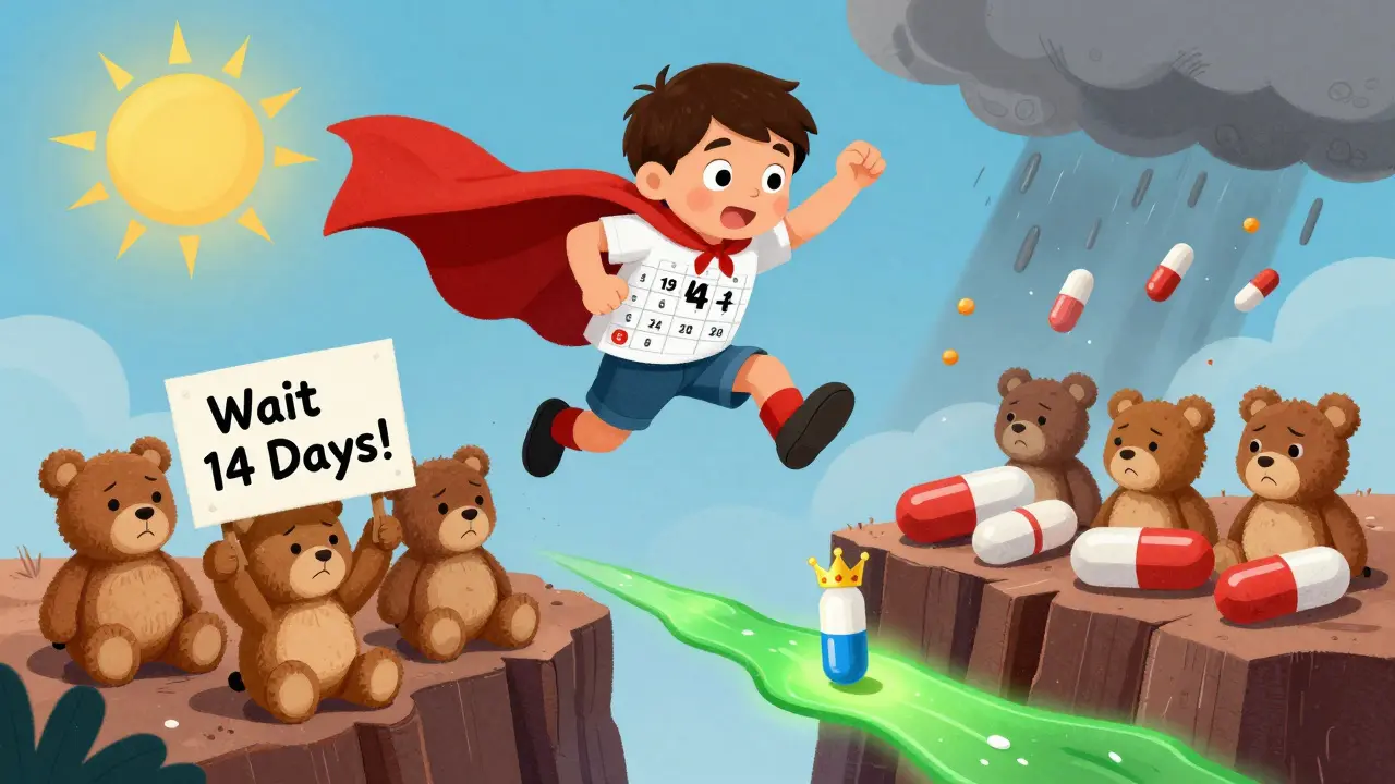 A superhero child leaps over dangerous pills, guided by a 14-day calendar cape toward a crowned buprenorphine pill.