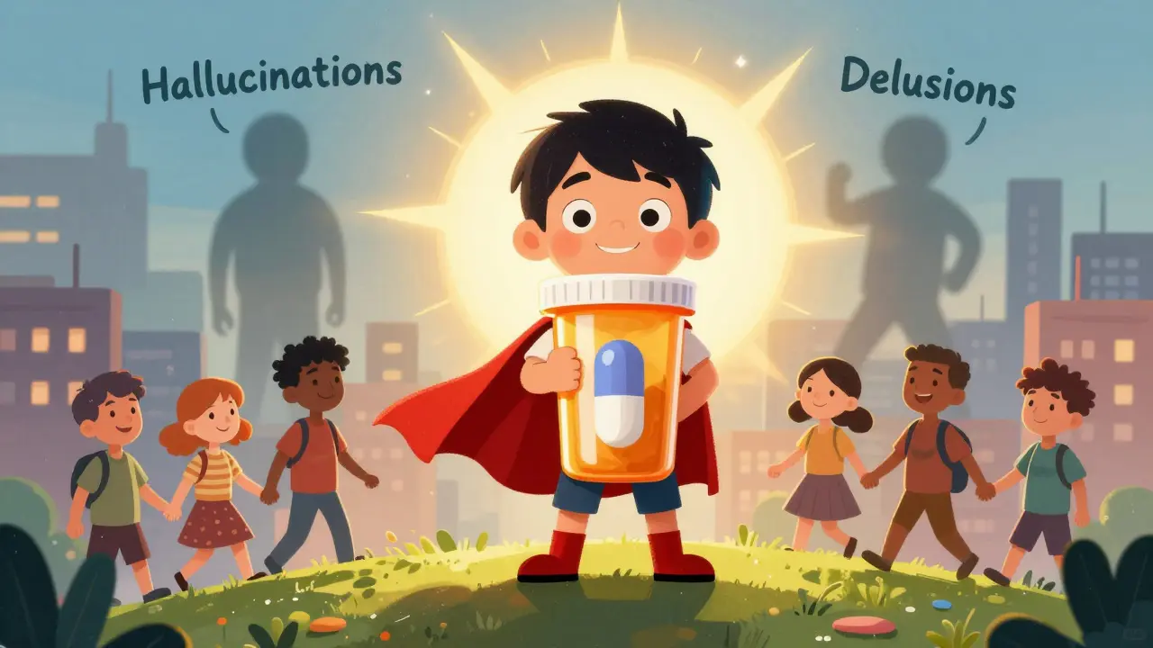 A superhero child with a pill bottle cape watching people thrive as dark symptoms fade away.