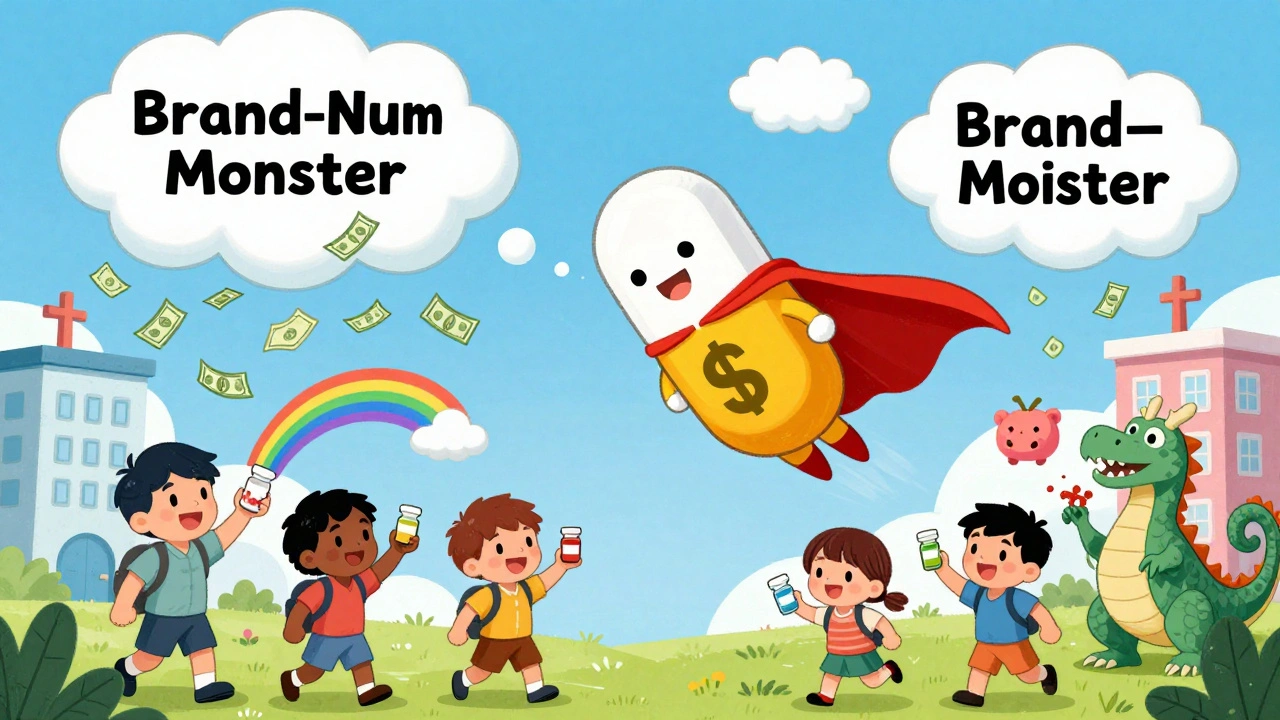 A superhero generic pill with a dollar-sign cape saves people from clouds of expensive bills, with biosimilars raining savings below.