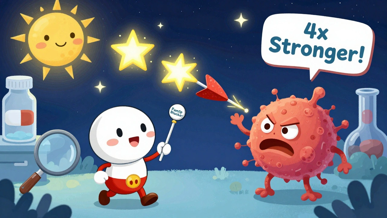 A superhero PPI blocks a fungus from spitting out an antifungal dart, making it sparkle and grow stronger.