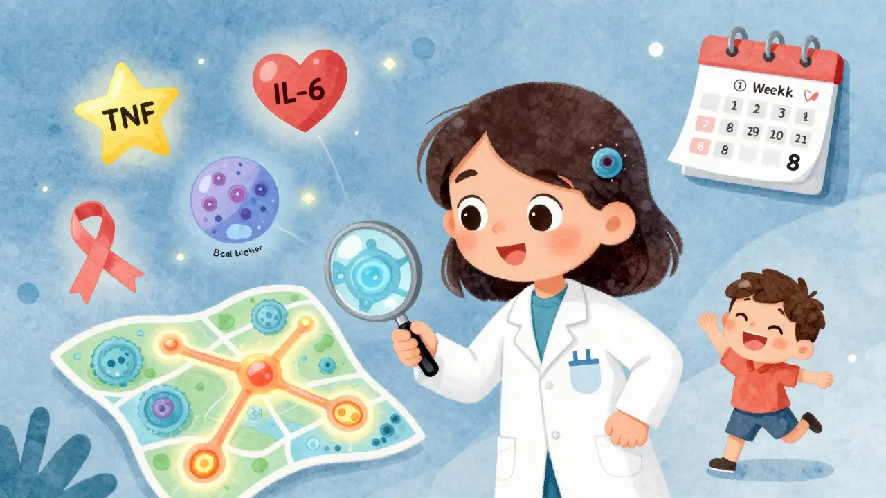 A superheroine uses a magnifying glass to match biologic treatments to different parts of a glowing joint map.