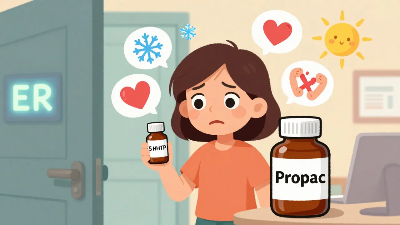 A woman holds a 5-HTP bottle beside her SSRI pill, surrounded by floating cartoon symptoms like a racing heart and fever sun.