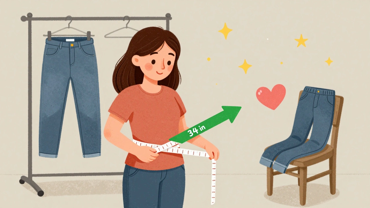 A woman measures her waist happily, with healthy clothing and symbols of sleep and nutrition surrounding her in a calm scene.