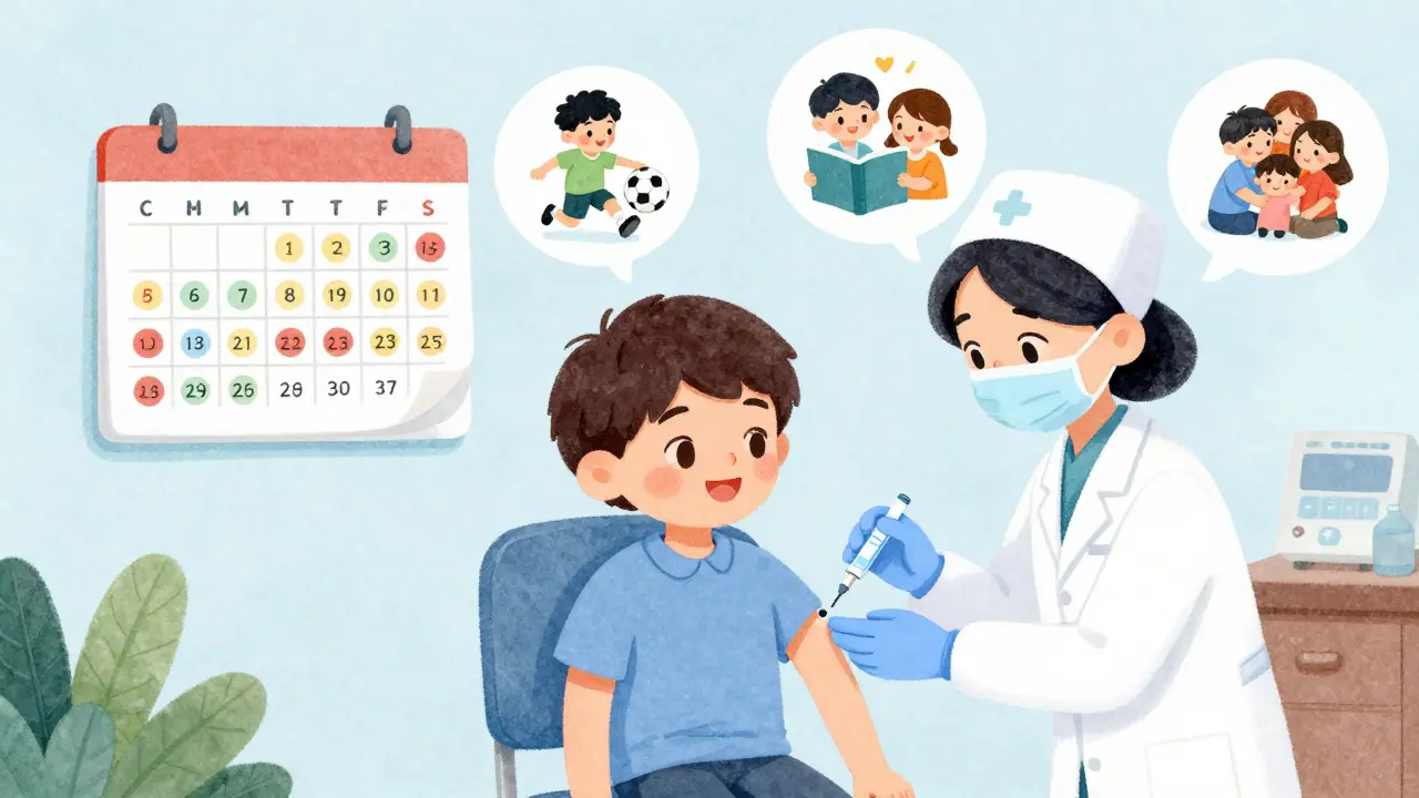 A young person receiving a monthly injection in a cozy clinic, with happy thought bubbles of daily life.