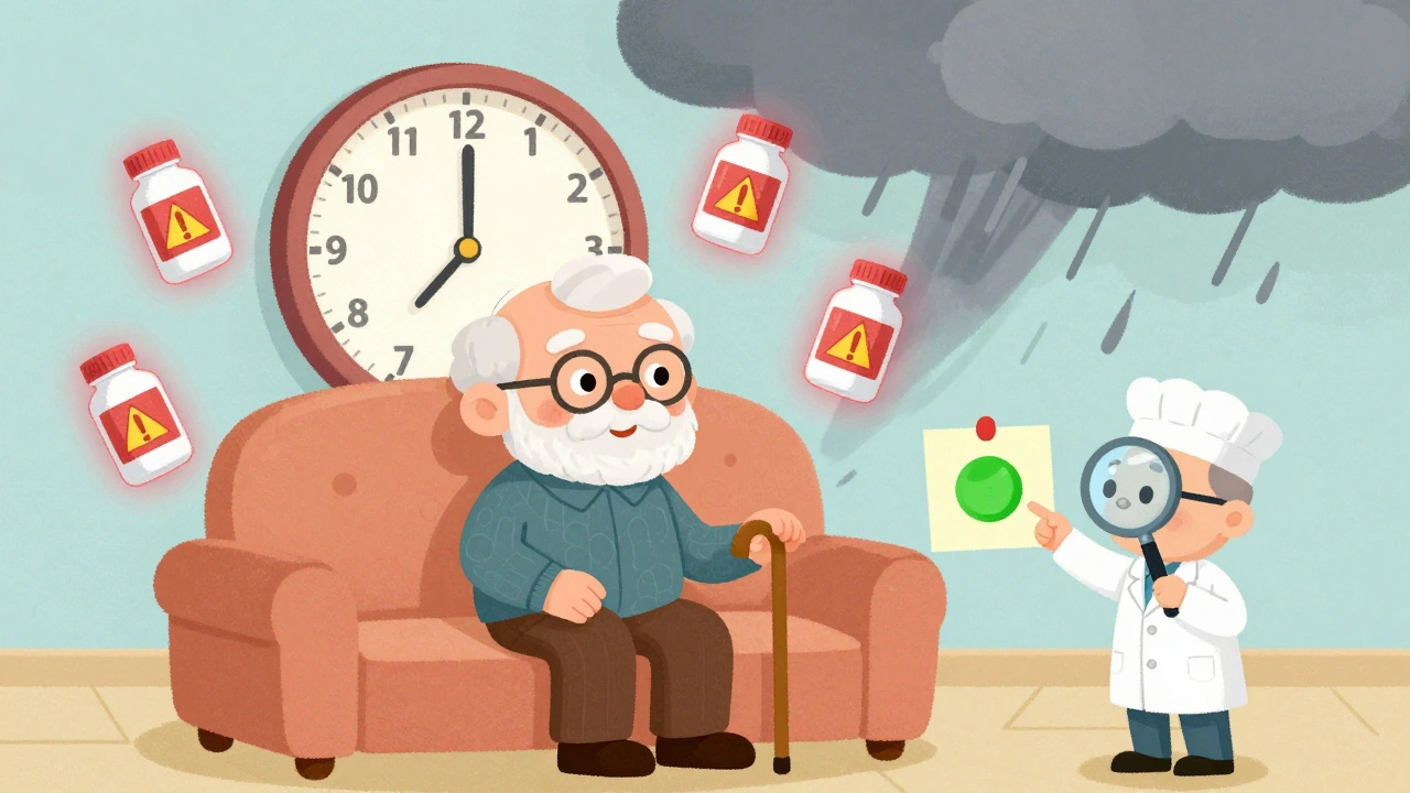 An elderly man surrounded by glowing red warning pills, with a pharmacist pointing to a safe green option.