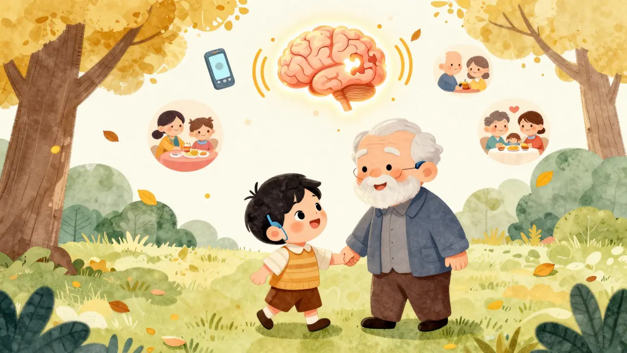An elderly person and child walking in a park, their brains connected by sound waves and smiling faces.