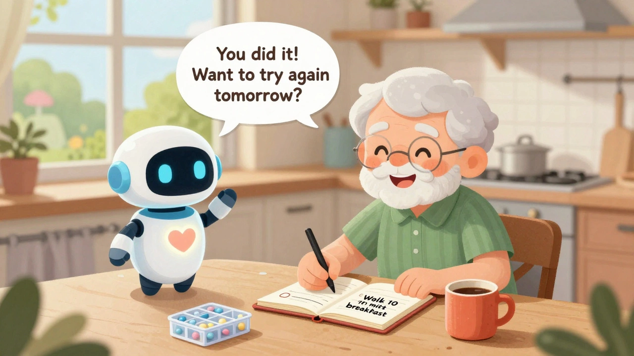 An elderly person checking off a daily walking goal with a friendly AI companion nearby, at a sunny kitchen table.