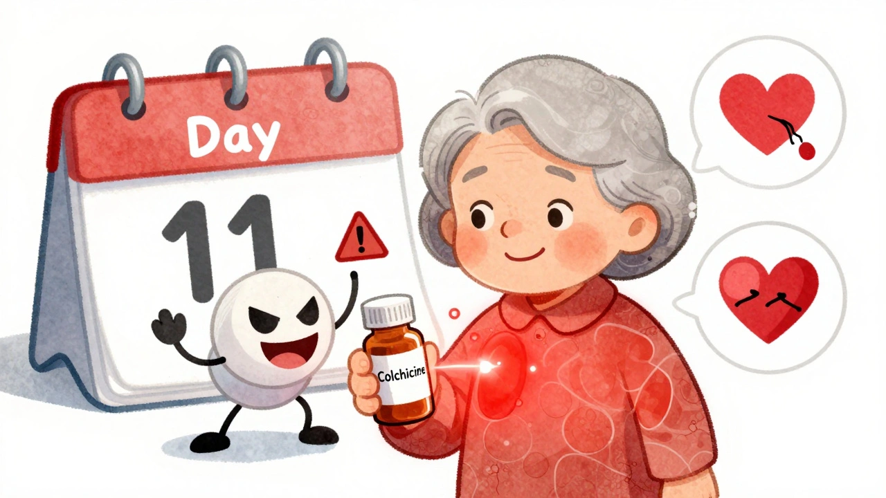 An elderly woman with a gout pill as a dangerous antibiotic sneaks up behind her.