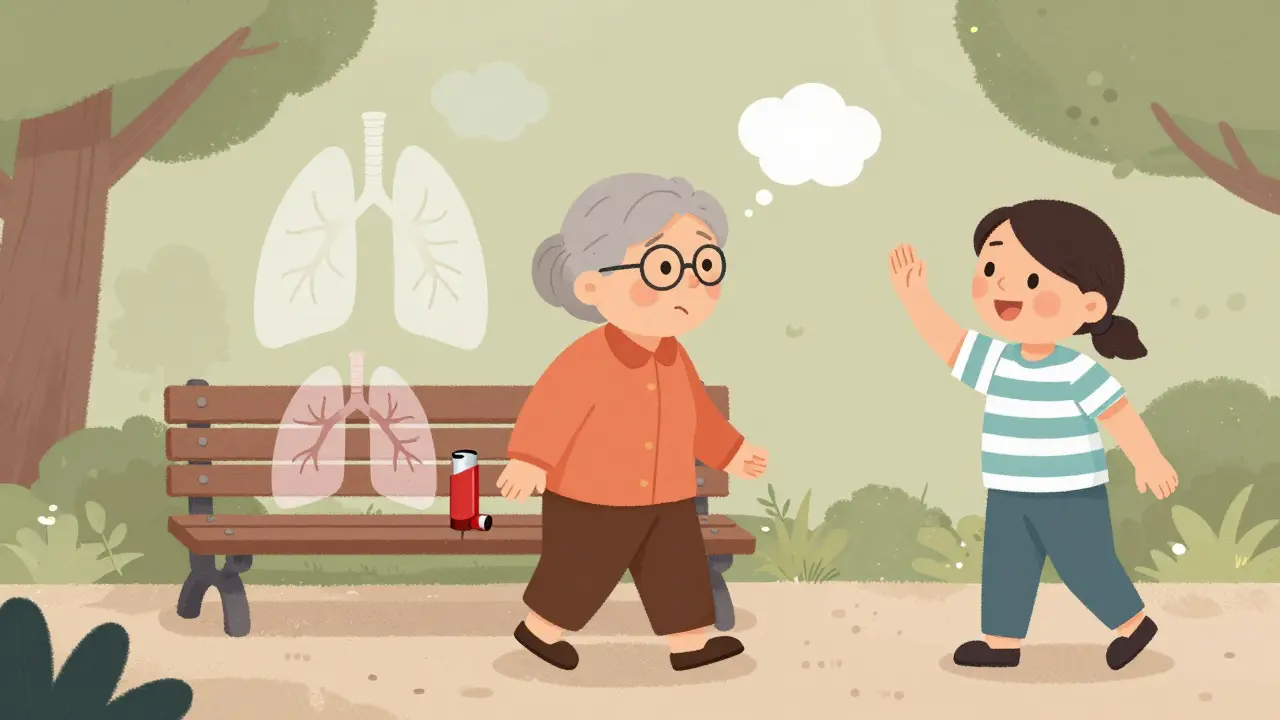 An older woman resting on a bench while walking, with a lung graphic at 60% and an inhaler nearby.