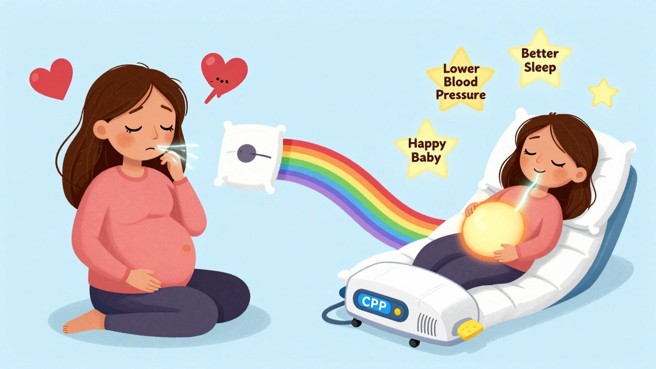 Before-and-after scene showing tired pregnant woman transformed to peaceful, healthy sleep with glowing airway and baby.