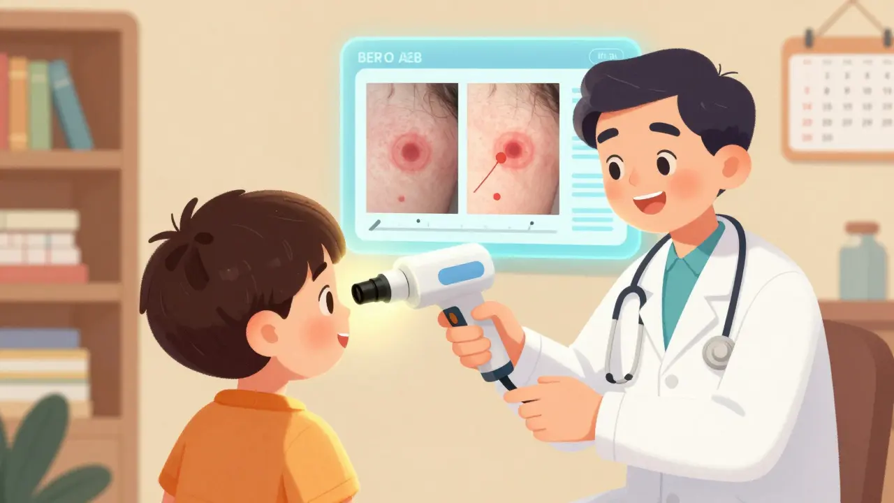 Dermatologist using a glowing device to show mole changes over time on a child's back.