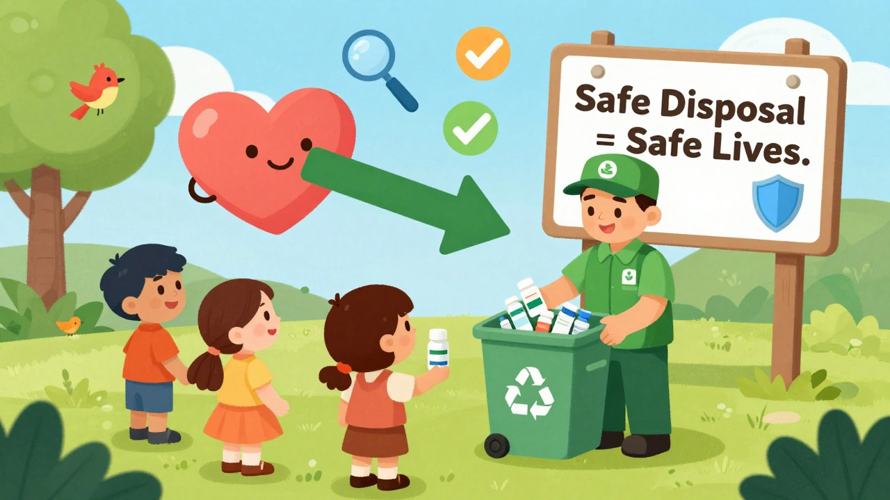 Families drop off expired medicine at a community center with a heart-shaped bin, under a &#039;Safe Disposal&#039; sign.