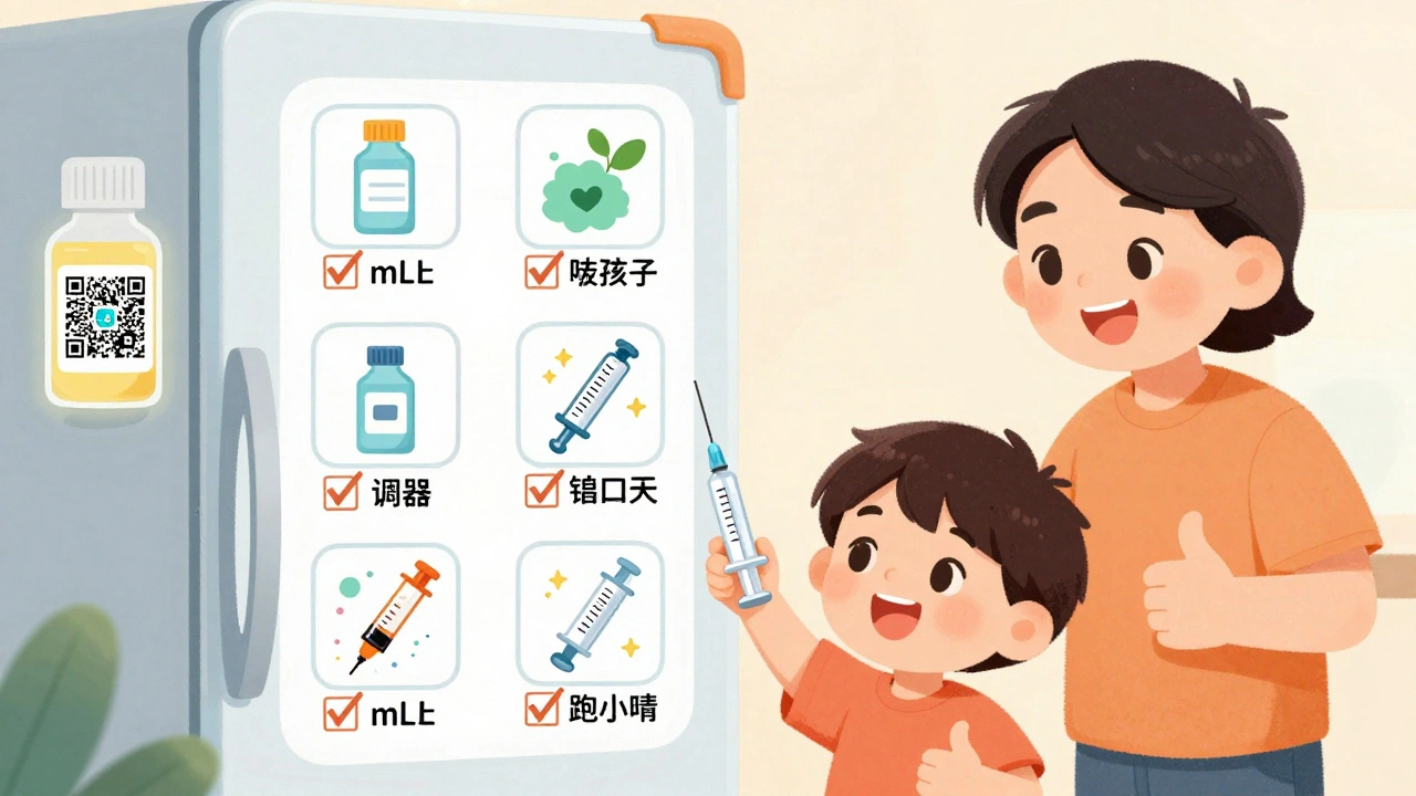 Family checking a safety checklist for liquid medicine, child holding syringe with QR code glowing nearby.