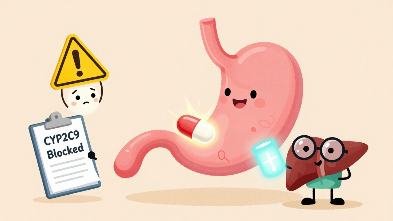 Fluconazole pill glowing in a stomach while a nervous warfarin pill and a watchful liver are nearby.