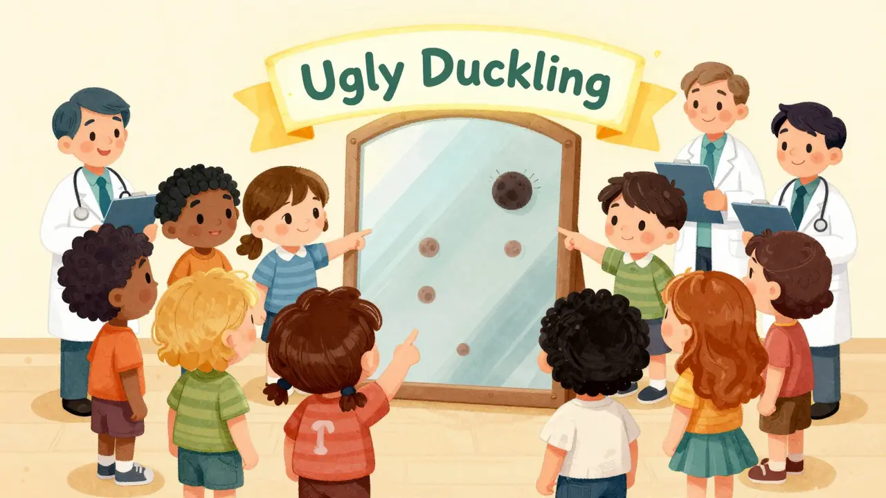 Group of children spotting one unusual mole among others, labeled 'Ugly Duckling'.