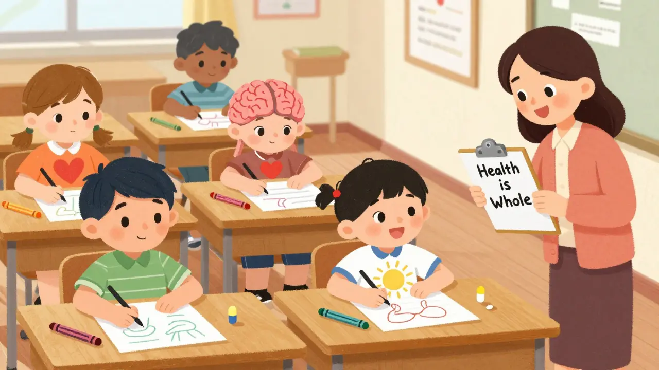 Kids drawing bodies with hearts and brains, one adding a pill next to a sun inside their chest, teacher smiling.