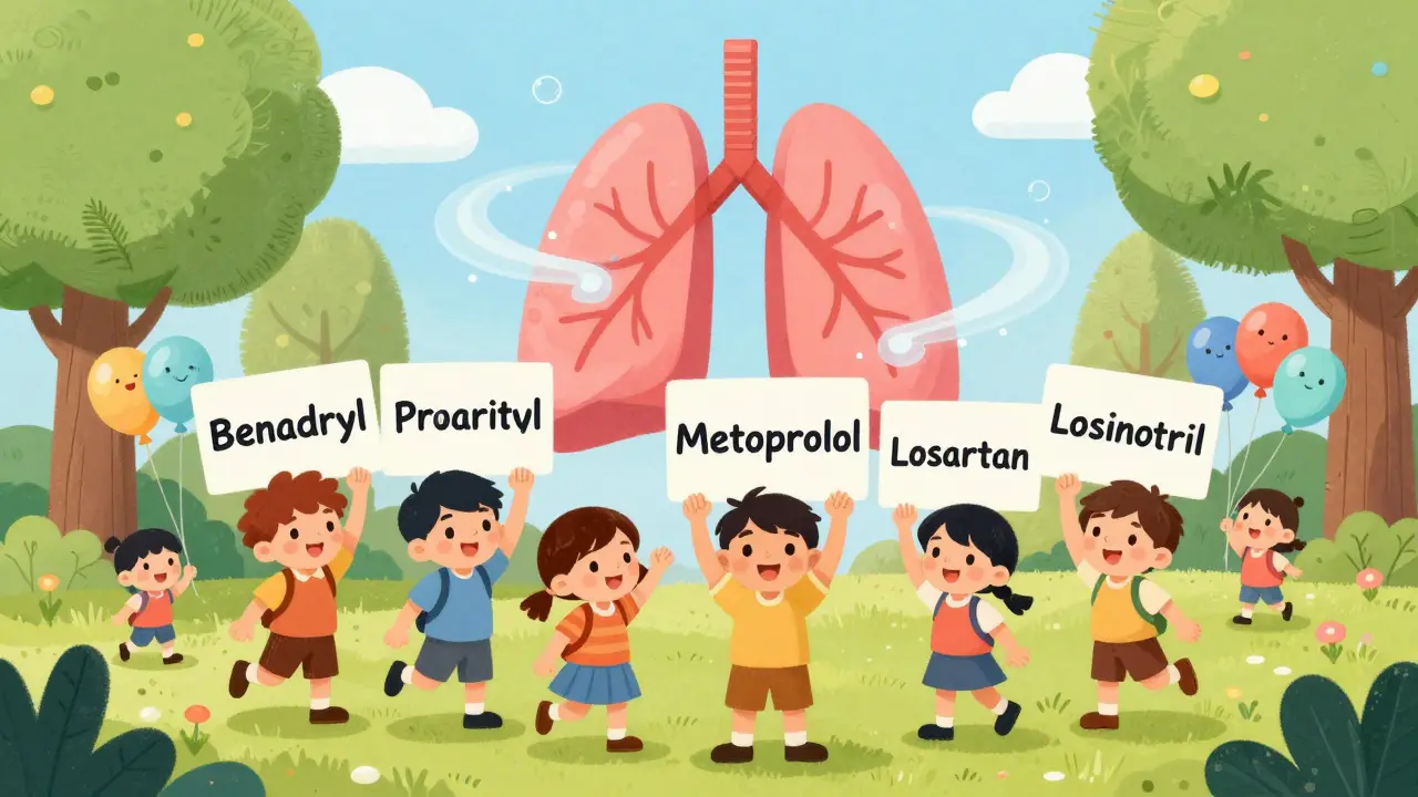 Medications are swapped for safer options as healthy lungs bloom like flowers in a sunny park with oxygen bubble balloons.