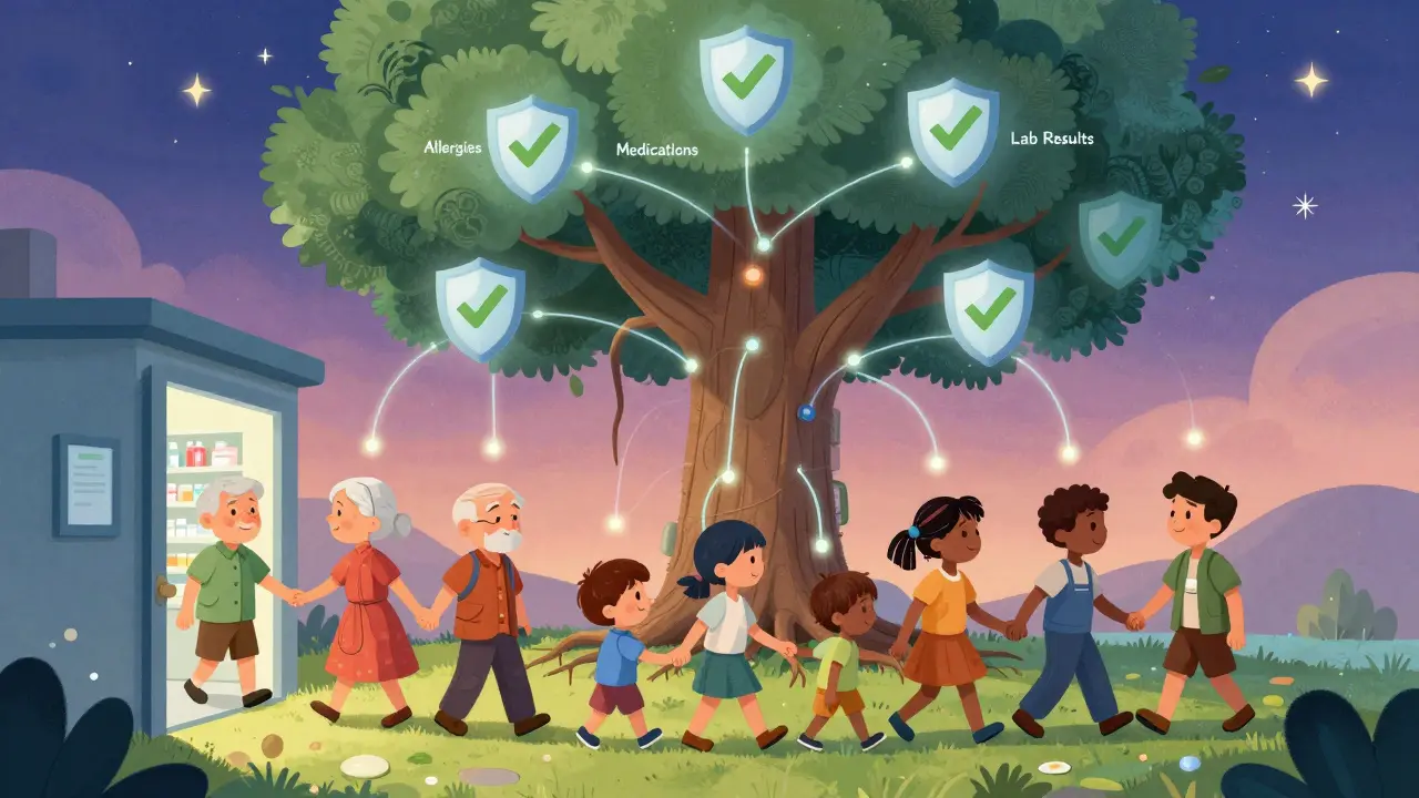 Patients walking into a pharmacy through a door shaped like a health data tree with glowing roots.