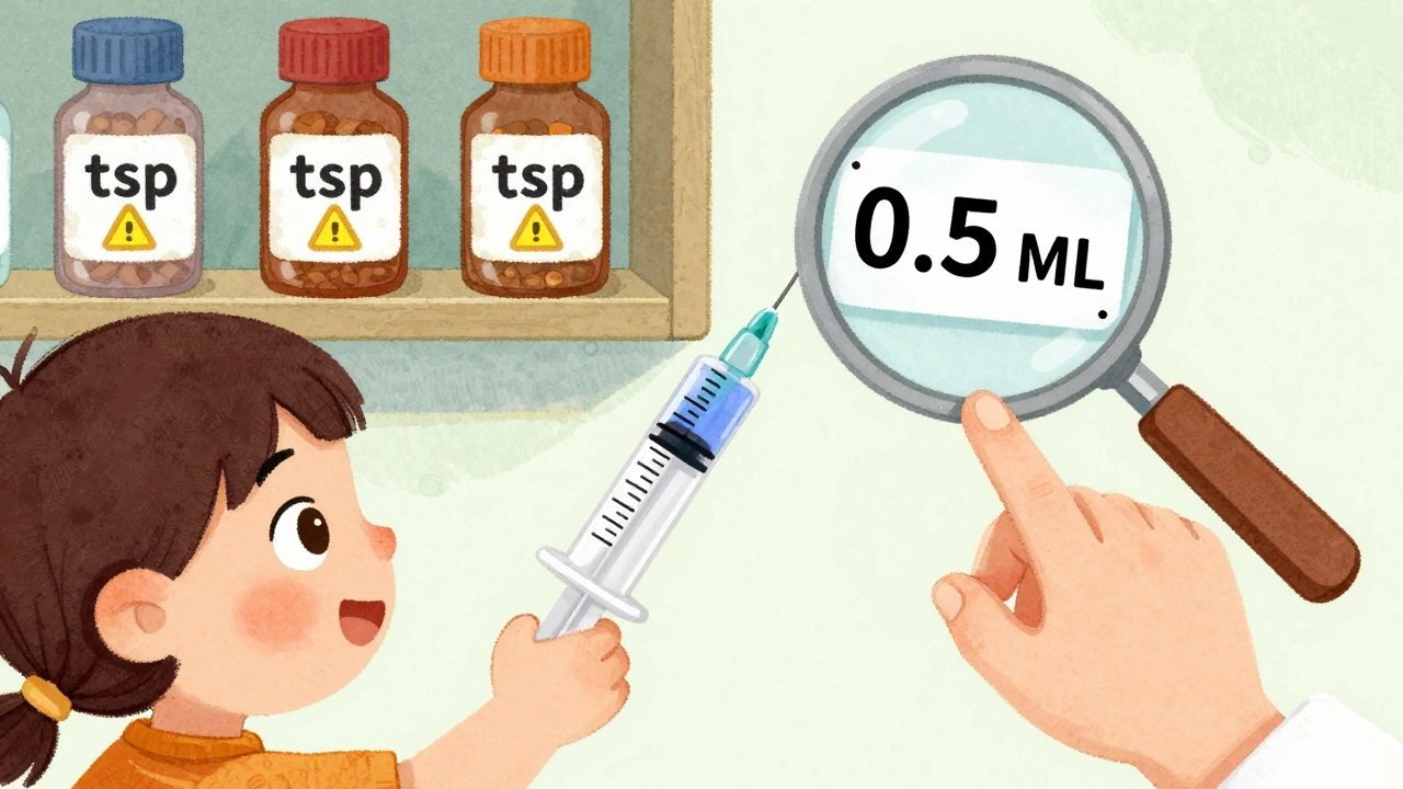 Pharmacist giving a child a clear oral syringe marked in milliliters, with correct decimal notation highlighted.