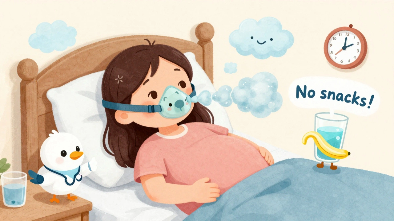 Pregnant woman using a friendly CPAP mask with floating health icons and a supportive doctor bird.