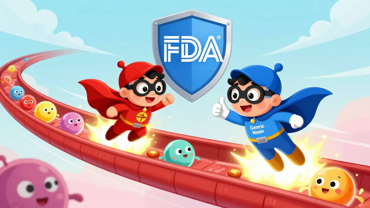 Superhero pills with different capes fly through bloodstream, FDA shield approves them above.