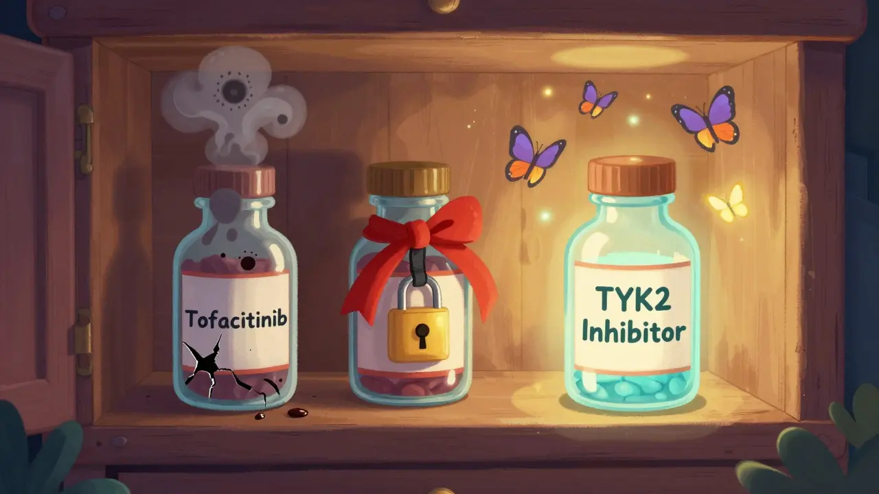 Three medicine bottles labeled with JAK inhibitor names, one cracked and leaking danger, another locked, while a glowing new TYK2 inhibitor bottle shines with butterflies.