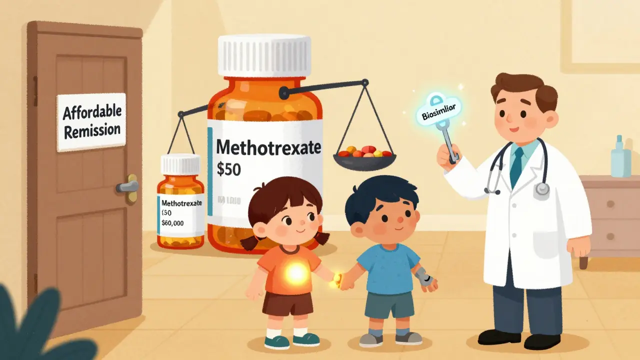 Two children beside a doctor holding a key to affordable remission, with cheap and expensive medicine bottles nearby.