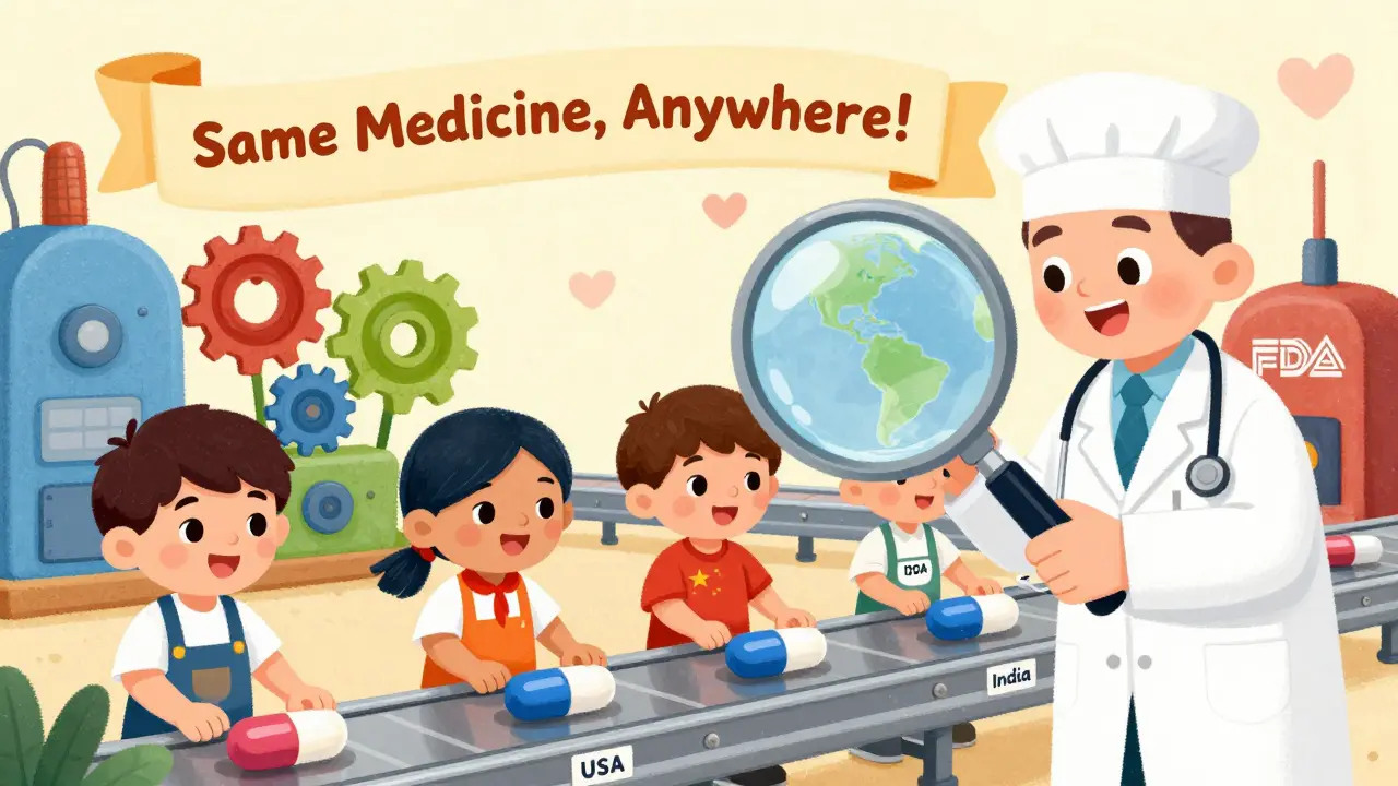 Workers from different countries build identical pills, FDA scientist watches with magnifying glass.