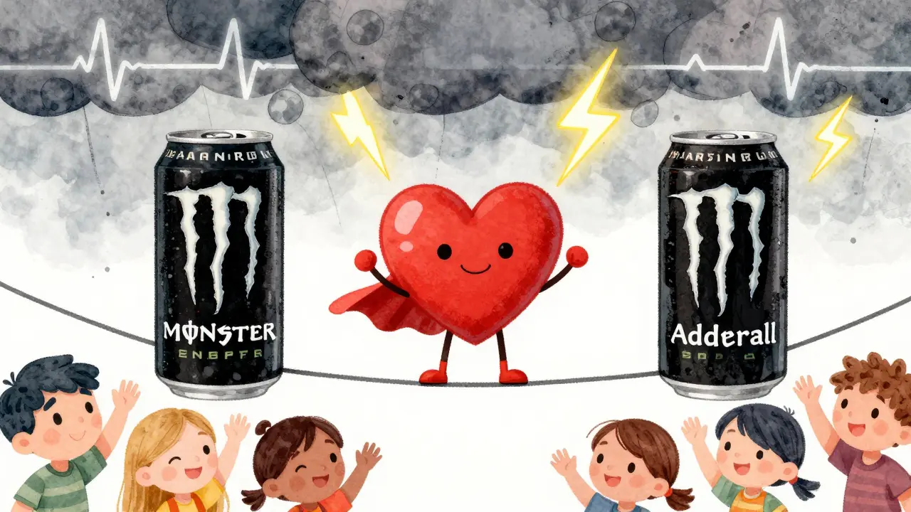 A cartoon heart on a tightrope between energy drink cans, with a storm cloud shaped like an ECG line above.