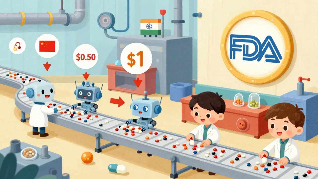 A cheerful factory where robots make pills in bulk, with cost drops shown as arrows and ingredients flowing from China and India.