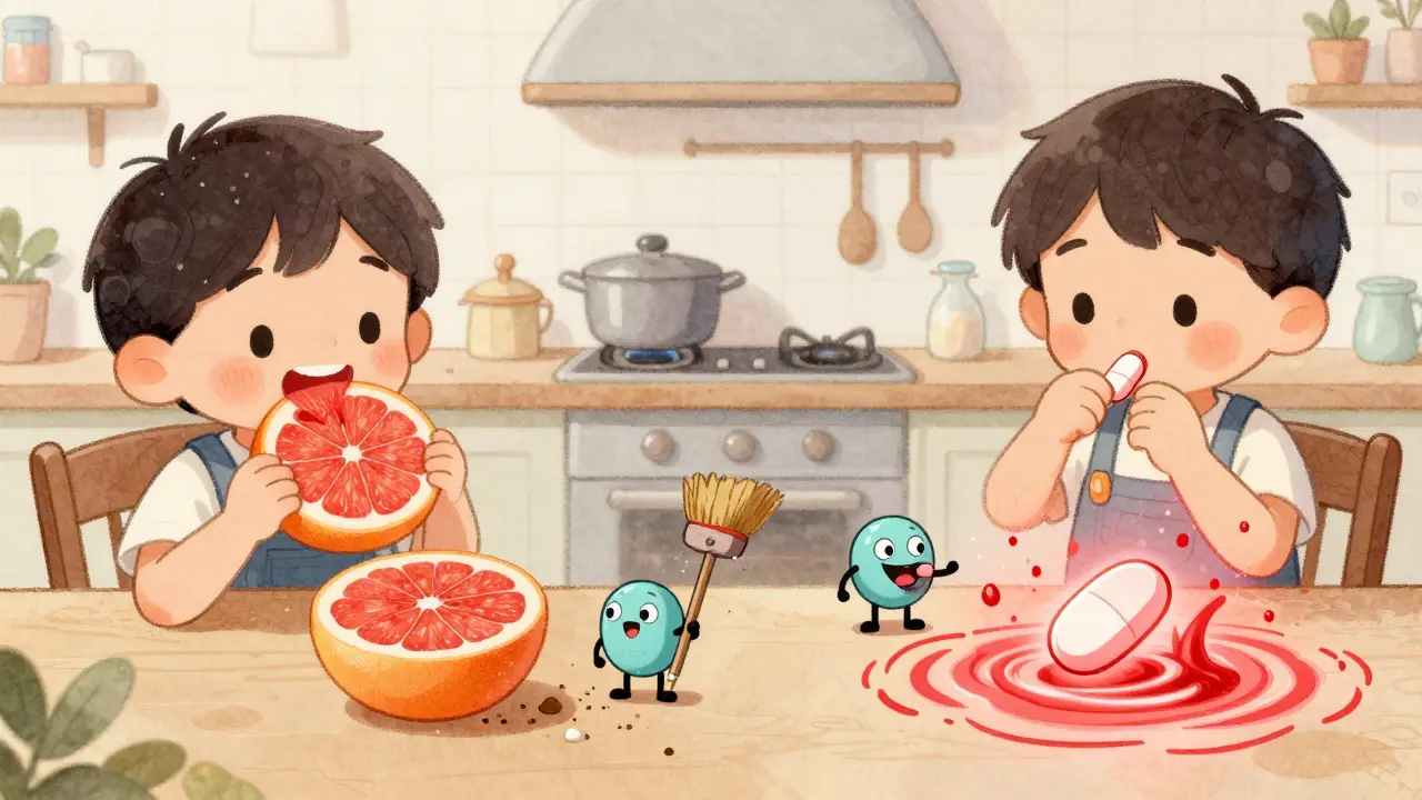 A child eats grapefruit while an enzyme is blocked, causing a statin pill to glow dangerously.