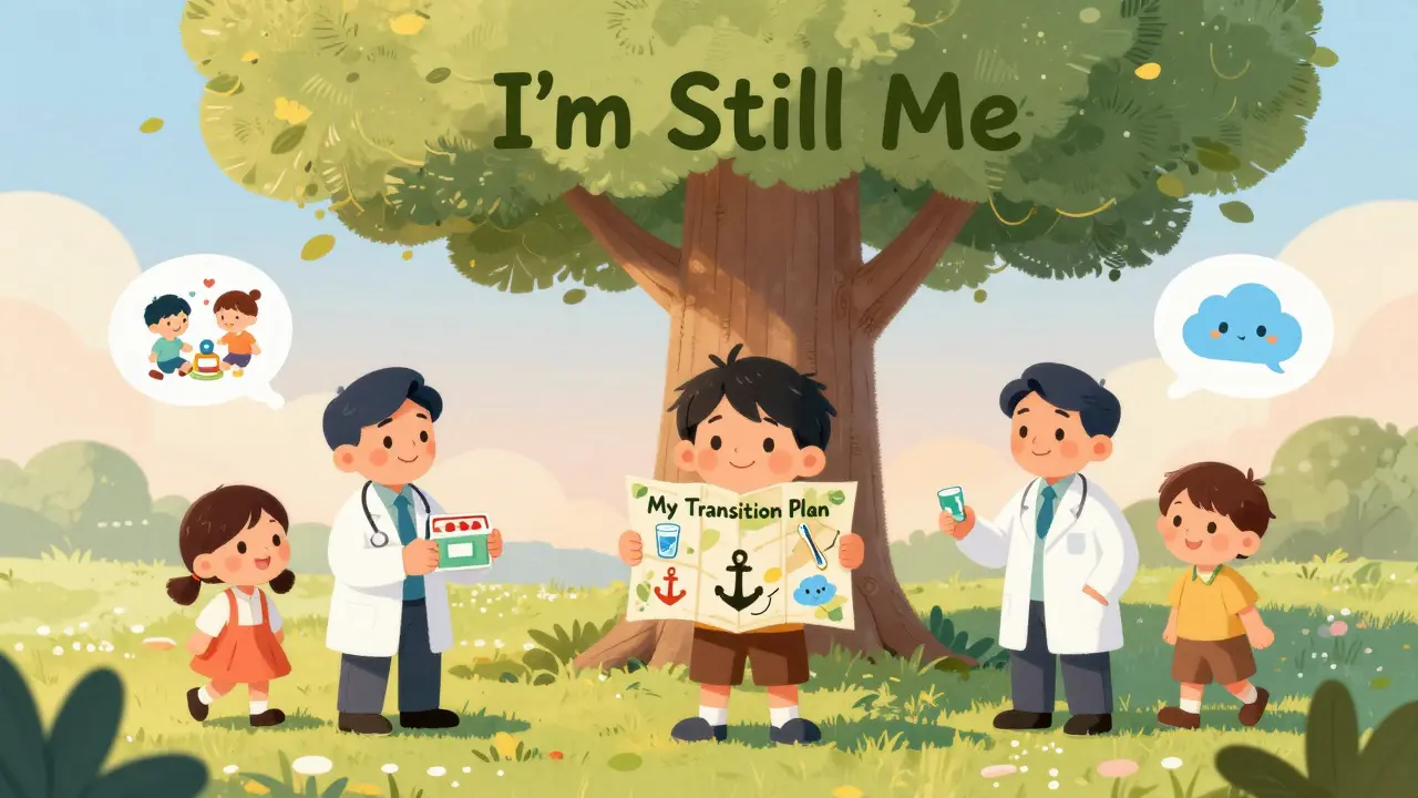 A child holds a map of anchor habits, supported by a doctor, pharmacist, and friend under a tree labeled 'I'm Still Me'.