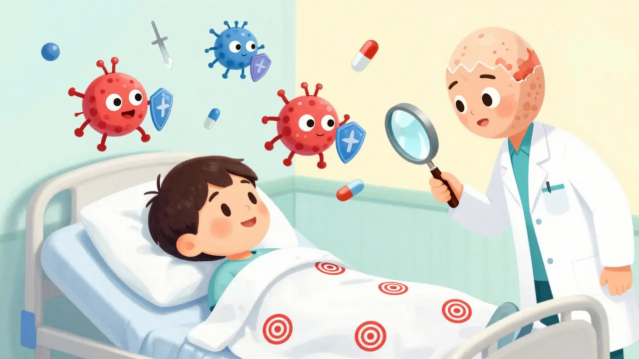 A child in bed with target-like rash as immune cells fight drug molecules in a surreal hospital scene.