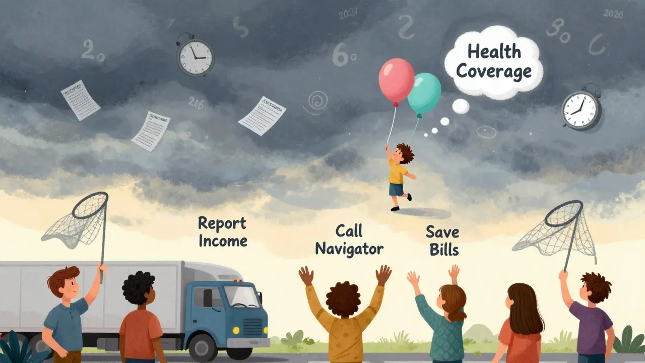 A child reaches for a floating health coverage balloon as others below try to catch it with nets labeled 'Report Income' and 'Call Navigator'.