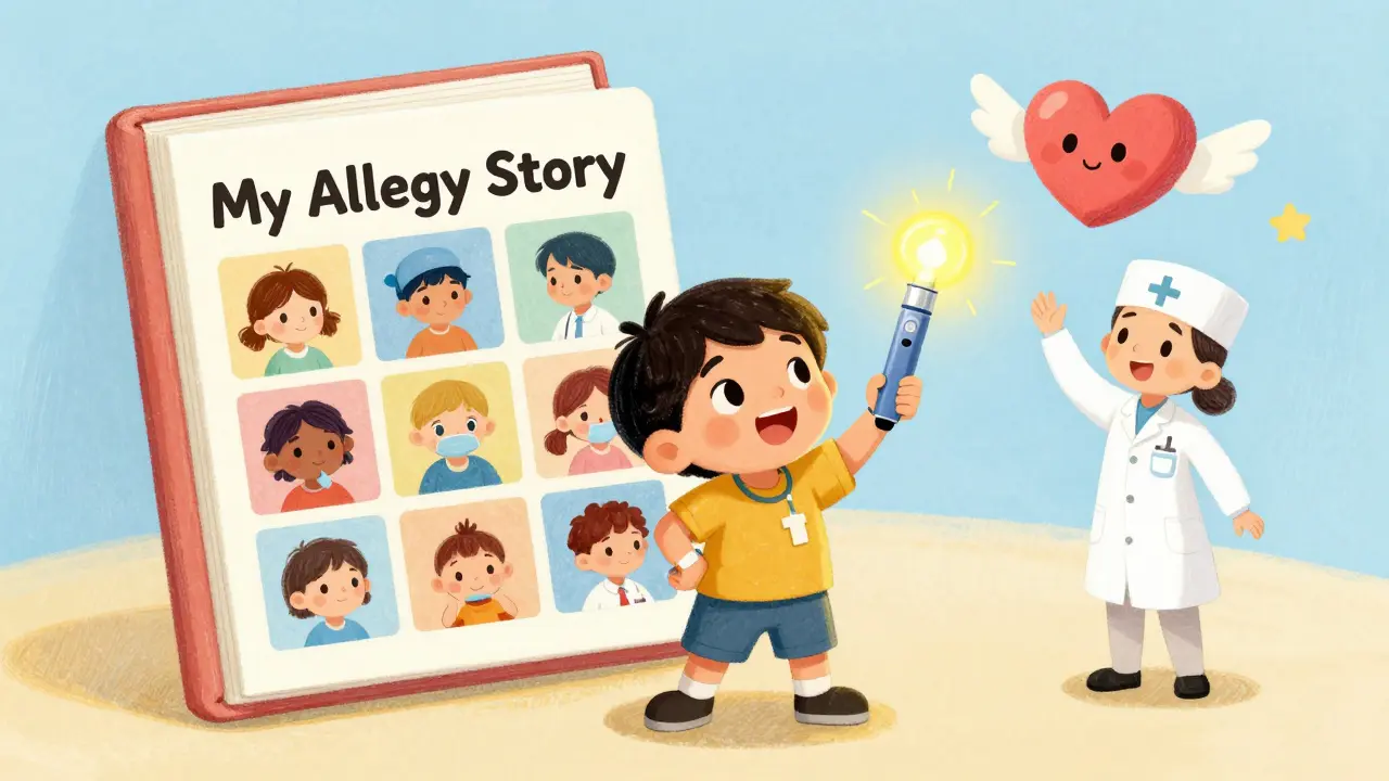 A child with a medical bracelet holding an EpiPen beside a storybook of their allergy history.