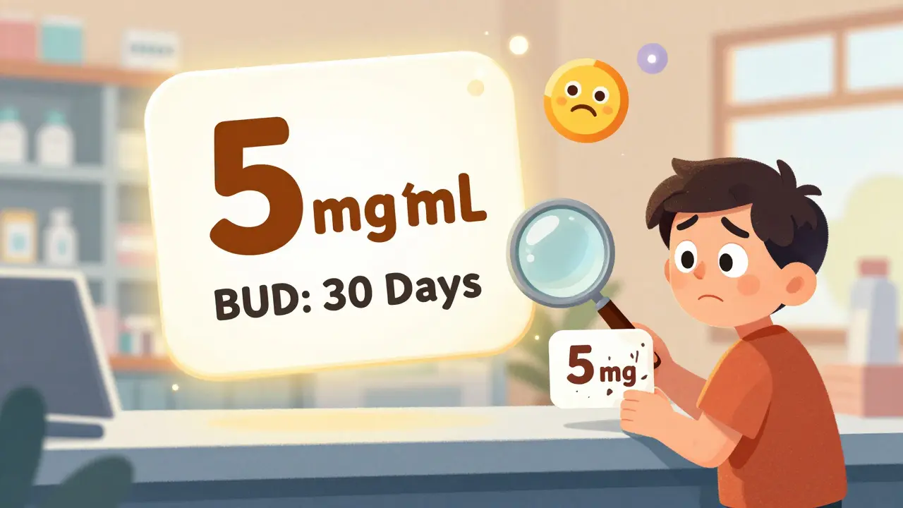 A clear '5 mg/mL' label glows next to a faded '5 mg' label, with a magnifying glass highlighting the difference.