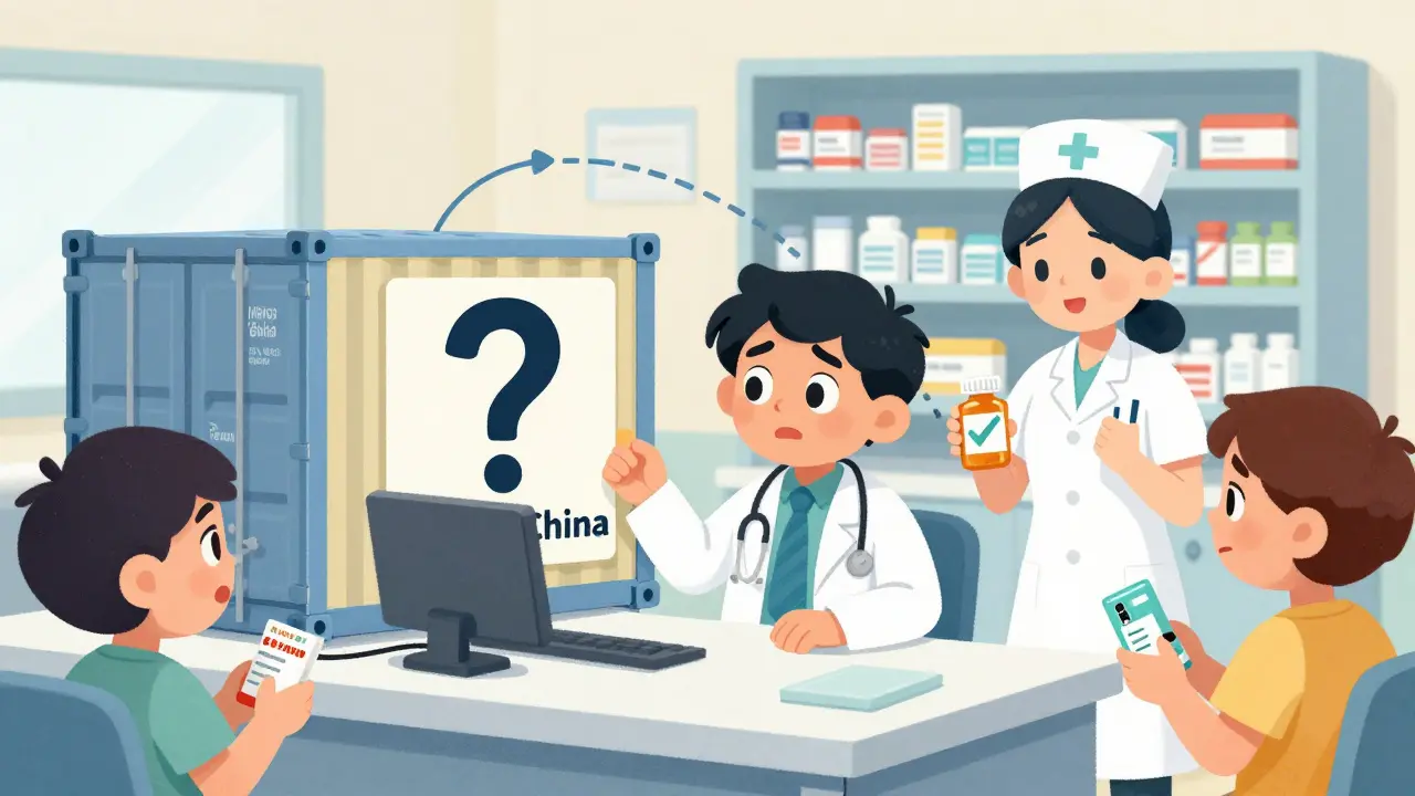 A doctor looks at a shipping container from India and China while a nurse holds a generic pill with a checkmark.
