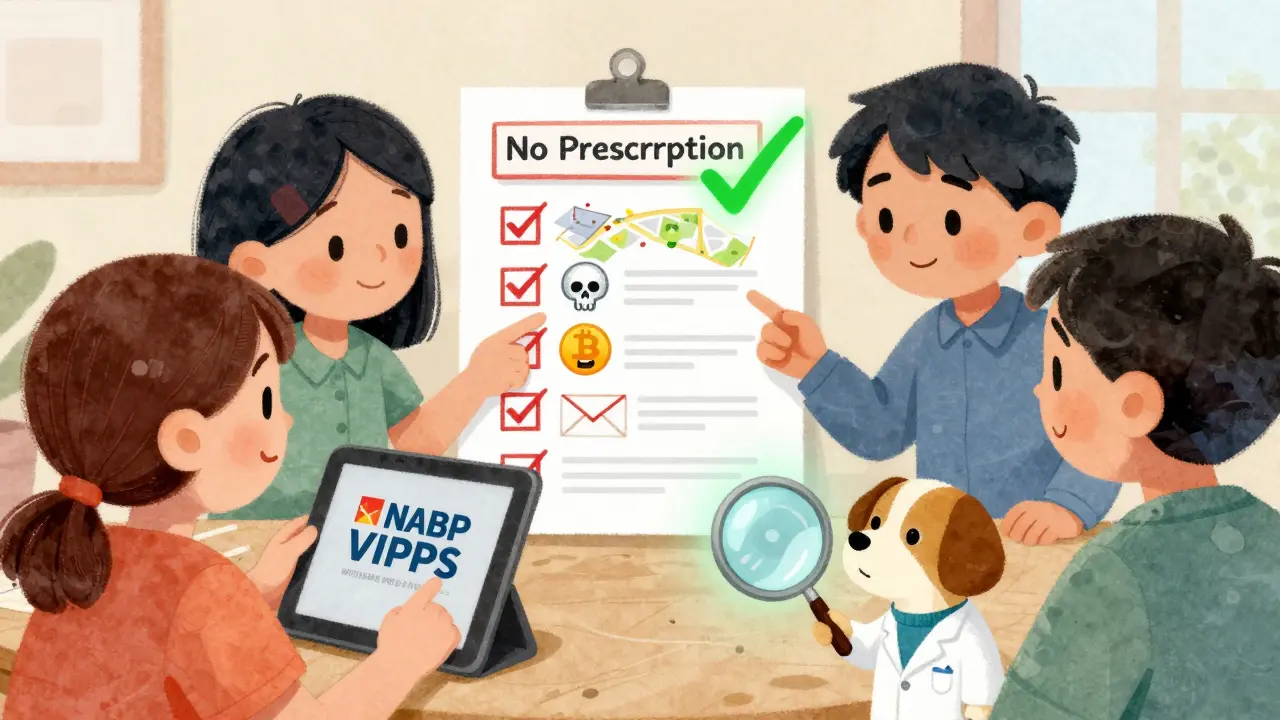 A family checks a safety list for online pharmacies as a glowing logo reveals the truth.