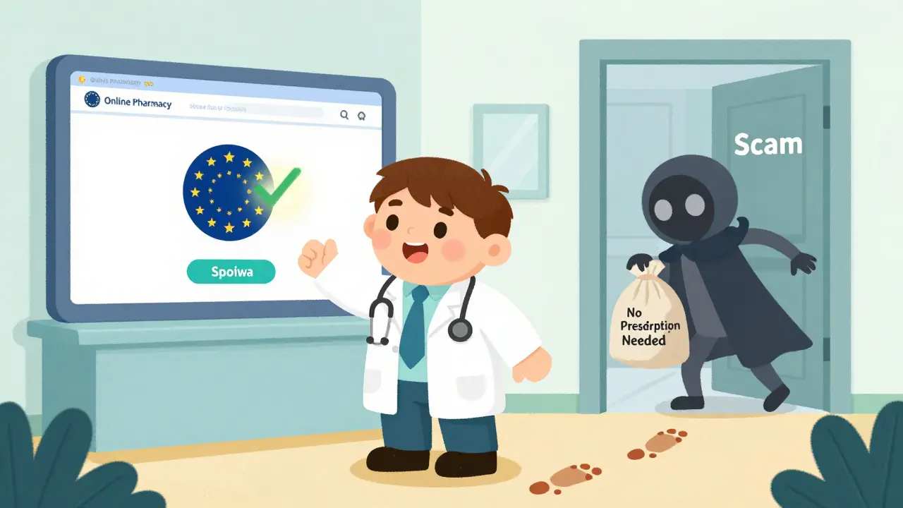 A friendly pharmacist stands beside a verified pharmacy website while a scammer sneaks away.