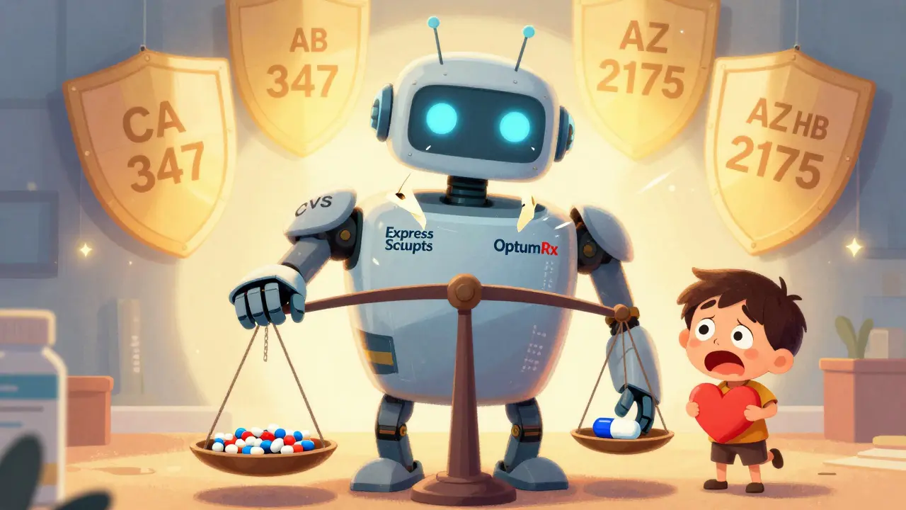 A giant PBM robot weighed down by generic pills as state laws break through its armor.