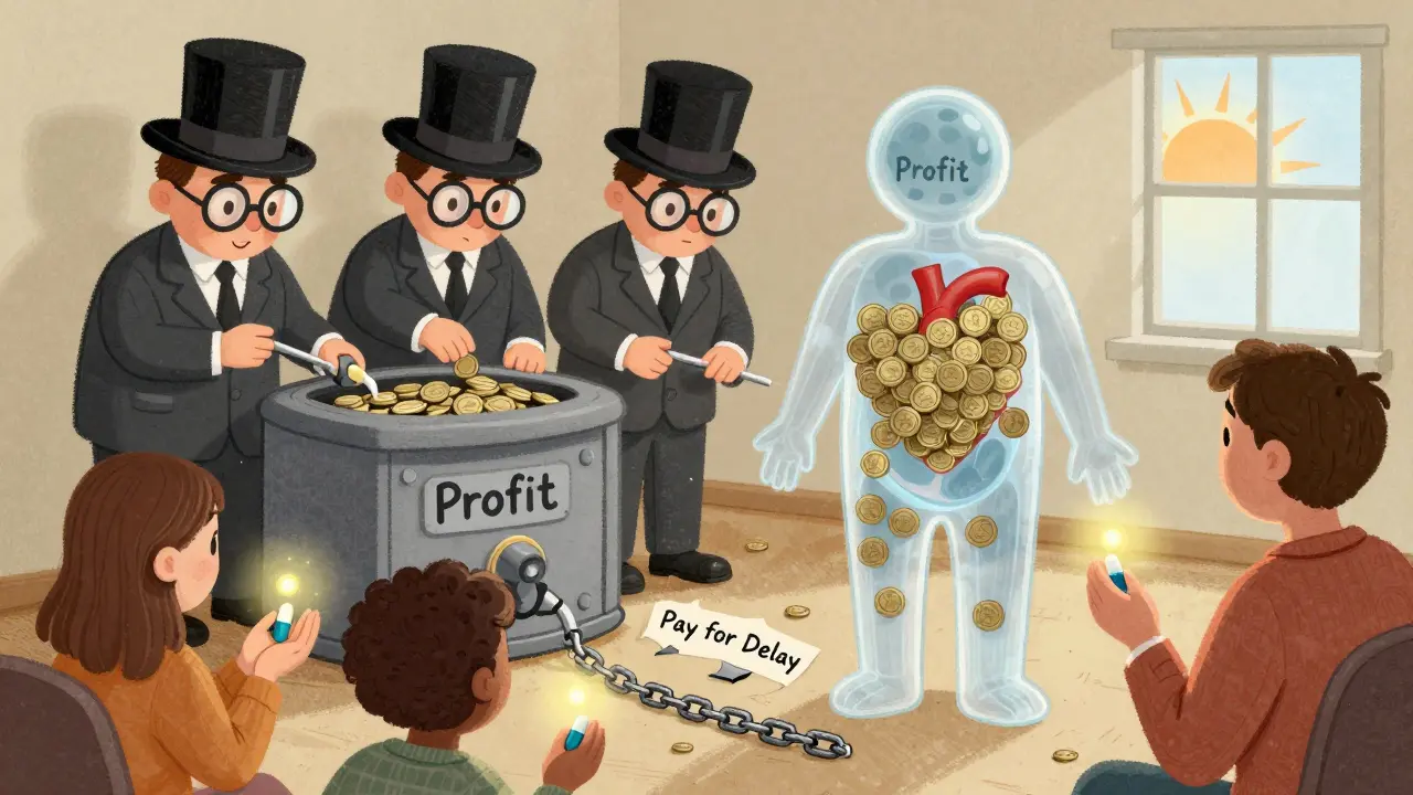 A human heart made of coins being drained by PBMs, while patients hold glowing generic pills under a sunrise.