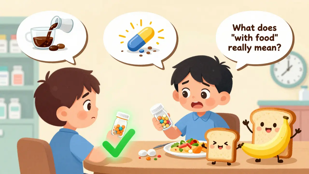 A patient confused by medicine instructions, with friendly food and clock characters helping them understand.